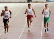 10 August 2005; Paul Hession (446), Ireland, on his way to finishing in fifth place, alongside Yordon Ilinov (118), Russia, who finished in sixth place, and Wallace Spearmon (1030), USA, who finished second, during the Men's 200m quarter-final. 2005 IAAF World Athletic Championships, Helsinki, Finland. Picture credit; Pat Murphy / SPORTSFILE