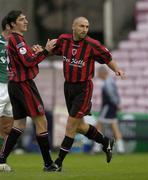 11 August 2005; Tony Grant, Bohemians, celebrates with team-mate Stephen Ward after scoring his sides first goal from the penalty spot. eircom League, Premier Division, Bohemians v Bray Wanderers, Dalymount Park, Dublin. Picture credit; Brian Lawless / SPORTSFILE