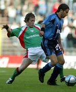 11 August 2005; Joe Gamble, Cork City, in action against Agbar Barsom, Djurgardens IF. UEFA Cup, 2nd round, 1st leg, Djurgardens IF v Cork City, Rasunda Stadium, Solna, Stockholm, Sweden. Picture credit; Paddy Cummins / SPORTSFILE