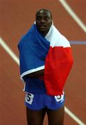 12 August 2005; Ladji Doucoure, France, celebrates after victory in the Men's 110m Hurdles Final. 2005 IAAF World Athletic Championships, Helsinki, Finland. Picture credit; Pat Murphy / SPORTSFILE