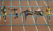 12 August 2005; Ladji Doucoure, France, centre, jumps the final hurdle ahead of eventual second placed Allen Johnson, USA, second from right, Terrance Tramell, USA, seciond from left, Mateus Facho Inocencio, Brazil, left, and Maurice Wignall, Jamaica, right, for victory in the Men's 110m Hurdles Final. 2005 IAAF World Athletic Championships, Helsinki, Finland. Picture credit; Pat Murphy / SPORTSFILE