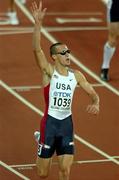 12 August 2005; Jeremy Wariner, USA, celebrates after crossing the line for victory in the Men's 400m Final. 2005 IAAF World Athletic Championships, Helsinki, Finland. Picture credit; Pat Murphy / SPORTSFILE