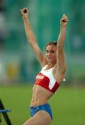 12 August 2005; Yelena Isinbayeva, Russia, celebrates victory in the Women's Pole Vault competition and setting a new world record of 5.1 metres in the process. 2005 IAAF World Athletic Championships, Helsinki, Finland. Picture credit; Pat Murphy / SPORTSFILE