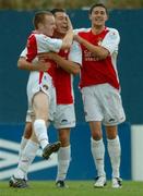 12 August 2005; Chris Armstrong, centre, St Patrick's Athletic, celebrates after scoring his sides first  goal with team-mates Alan Reilly, right, and Ian Maher. eircom League, Premier Division, St Patrick's Athletic v Derry City, Richmond Park, Dublin. Picture credit; David Maher / SPORTSFILE
