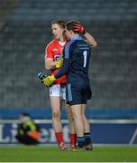 1 March 2014; Cork substitute Colm O'Neill shakes hands with Dublin captain Stephen Cluxton after the game. Allianz Football League, Division 1, Round 3, Dublin v Cork, Croke Park, Dublin. Picture credit: Ray McManus / SPORTSFILE