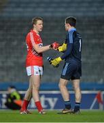1 March 2014; Cork substitute Colm O'Neill shakes hands with Dublin captain Stephen Cluxton after the game. Allianz Football League, Division 1, Round 3, Dublin v Cork, Croke Park, Dublin. Picture credit: Ray McManus / SPORTSFILE