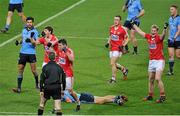 1 March 2014; Cork players, from left, Kevin Crowley, Tom Clancy, John O'Rourke and Alan Cronin celebrate as referee Pádraig Hughes blows the final whistle. Allianz Football League, Division 1, Round 3, Dublin v Cork, Croke Park, Dublin. Picture credit: Dáire Brennan / SPORTSFILE