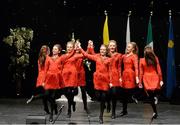 1 March 2014; The Bothar Bui, Co. Cork, team of Beatrice Casey, Ruth Cremin, Cliona Doocey, Kate Sullivan, Ita Marie Herlihy, Lena Sheehan, Lisa O'Keeffe and Claire Ahern, competing in the Figure Dancing competition during the All-Ireland Scór na nÓg Championship Finals 2014. TF Royal Theatre, Castlebar, Co. Mayo. Picture credit: Pat Murphy / SPORTSFILE