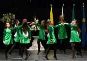 1 March 2014; The St. Cillian CLG, Co. Armagh, team of Aine Ni Mhaoileoin, Caitriona Nic Eachain, Amy NI Bhanain, Ciara O Sabhaois, Siobhra Nic Aonasa, Aoibhinn Nic Aonasa, Dearbhla Ni Anluain and Orlaigh Nic Cionaoith, competing in the Figure Dancing competition during the All-Ireland Scór na nÓg Championship Finals 2014. TF Royal Theatre, Castlebar, Co. Mayo. Picture credit: Pat Murphy / SPORTSFILE