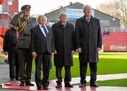 2 March 2014; The President of Ireland Michael D. Higgins with FAI President Paddy McCaul and Phil Mooney, right, Secretary, St. Patrick's Athletic. President's Cup, St Patrick's Athletic v Sligo Rovers, Richmond Park, Dublin. Picture credit: David Maher / SPORTSFILE