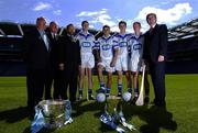 10 August 2005; Sean Kelly, third from left, President of the GAA, with left to right, Jimmy Doyle, former Tipperary hurling star, Tadhg O'Donoghue, Chairman ESB, Henry Shefflin, Kilkenny, Alan Brogan, Dublin, Richie Dalton, Offaly minor captain, John McCaffrey, Dublin minor hurling captain and Padraig McManus, ESB Chief Executive, at the announcement that ESB will sponsor the Minor Football and Hurling Championships for the next three years. Croke Park, Dublin. Picture credit; David Maher / SPORTSFILE