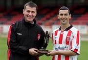 11 August 2005; Derry City's Mark Farren who was presented with the eircom / Soccer Writers Association of Ireland Player of the Month award for July with Stephen Kenny, Manager, Derry City F.C. Brandywell, Derry. Picture credit; Lorcan Doherty / SPORTSFILE
