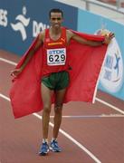 13 August 2005; Jaouad Gharib, Morocco, celebrates after victory in the Men's Marathon. 2005 IAAF World Athletic Championships, Helsinki, Finland. Picture credit; Pat Murphy / SPORTSFILE