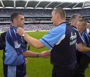 13 August 2005; Paul Caffrey, Dublin manager, shakes hands with Paul Casey at the end of the match. Bank of Ireland All-Ireland Senior Football Championship Quarter-Final, Dublin v Tyrone, Croke Park, Dublin. Picture credit; Damien Eagers / SPORTSFILE