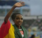 13 August 2005; Tirunesh Dibaba, Ethiopia, celebrates after victory in the Women's 5000m Final. 2005 IAAF World Athletic Championships, Helsinki, Finland. Picture credit; Pat Murphy / SPORTSFILE