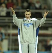 13 August 2005; Tommi Evila, Finland, celebrates after finishing in third place in the Men's Long Jump competition. 2005 IAAF World Athletic Championships, Helsinki, Finland. Picture credit; Pat Murphy / SPORTSFILE