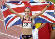 14 August 2005; Paula Radcliffe, Great Britain, celebrates after victory in the Women's Marathon. 2005 IAAF World Athletic Championships, Helsinki, Finland. Picture credit; Pat Murphy / SPORTSFILE