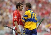 14 August 2005; Sean Og O'hAilpin, Cork, squares up to Clare's Diarmuid McMahon. Guinness All-Ireland Senior Hurling Championship Semi-Final, Cork v Clare, Croke Park, Dublin. Picture credit; Damien Eagers / SPORTSFILE