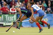 14 August 2005; Jenny McDonough, Ireland, in action against Aurelie Morin, France. 7th Women's European Nations Hockey Championship, Pool A, Ireland v France, Belfield, UCD, Dublin. Picture credit; Matt Browne / SPORTSFILE