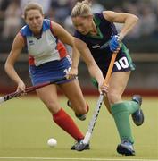 14 August 2005; Jenny Burke, Ireland, in action against Christelle Lafaury, France. 7th Women's European Nations Hockey Championship, Pool A, Ireland v France, Belfield, UCD, Dublin. Picture credit; Matt Browne / SPORTSFILE