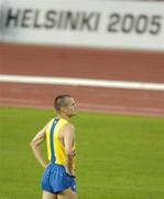 14 August 2005; Sweden's Stefan Holm shows his disapointment after defeat in the Men's High Jump Final. 2005 IAAF World Athletic Championships, Helsinki, Finland. Picture credit; Pat Murphy / SPORTSFILE