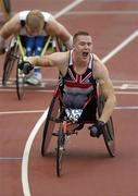 14 August 2005; David Weir, Great Britain, celebrates after crossing the line to win the Men's 200m Wheelchair race. 2005 IAAF World Athletic Championships, Helsinki, Finland. Picture credit; Pat Murphy / SPORTSFILE