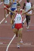 14 August 2005; Rachid Ramzi, Bahrain, celebrates as he crosses the line to win the Men's 800m Final. 2005 IAAF World Athletic Championships, Helsinki, Finland. Picture credit; Pat Murphy / SPORTSFILE