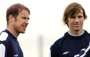 15 August 2005; Republic of Ireland captain Kenny Cunningham, left, alongside team-mate Kevin Kilbane before squad training. Malahide FC, Gannon Park, Malahide, Dublin. Picture credit; Brendan Moran / SPORTSFILE