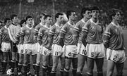 16 November 1988; The Republic of Ireland, from left to right, Kevin Moran, Packie Bonner, Ray Houghton, John Alridge, Steve Staunton, John Sheridan, Tony Galvin, Mick McCarthy, Tony Cascarino, David O'Leary and Chris Morris stand for the National Anthem, World Cup Qualifier, Spain v Ireland, Benito Villa Marin Stadium, Seville, Spain. Picture credit; Ray McManus / SPORTSFILE