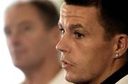 16 August 2005; Ian Harte, Republic of Ireland, with his manager Brian Kerr, speaking at a press conference in advance of their Friendly International against Italy. Lansdowne Road, Dublin. Picture credit; David Maher / SPORTSFILE