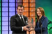 2 March 2014; International Personality of the Year award winner, Dejan Stankovic is presented with his award  by Three Chief Commercial officer Elaine Carey at the Three FAI International Football Awards. RTE Studios, Donnybrook, Dublin. Picture credit: David Maher / SPORTSFILE