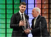 2 March 2014; Republic of Ireland International Shane Long is presented with the International goal of the year award by Michael Ring, T.D., Minister of State at the Department of Transport, Tourism and Sport at the Three FAI International Football Awards. RTE Studios, Donnybrook, Dublin. Picture credit: David Maher / SPORTSFILE