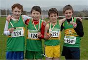 2 March 2014; The Donegal team that won the Boys under 12 4x500m Relay Championships from left John Reid, Dylan Dorrian, James Loughery and Aaron McGrath at the Woodie’s DIY Inter Club & Juvenile Relay Cross Country Championships of Ireland. Dundalk Institute of Technology, Dundalk, Co. Louth Picture credit: Matt Browne / SPORTSFILE