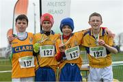 2 March 2014; The Clare team that came second during the Boys under 12 4x500m Relay Championships from left Diarmuid Fahy, Ferdie Olionain, Fintan Caulfield and Shane Harrison at the Woodie’s DIY Inter Club & Juvenile Relay Cross Country Championships of Ireland. Dundalk Institute of Technology, Dundalk, Co. Louth Picture credit: Matt Browne / SPORTSFILE