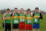 2 March 2014; The Donegal team that won the Boys under-14, 4x500m Relay Championships from left Charlie McElwaine, Conor McGinley, Thomas Mullen and Niall Quinn at the Woodie’s DIY Inter Club & Juvenile Relay Cross Country Championships of Ireland. Dundalk Institute of Technology, Dundalk, Co. Louth Picture credit: Matt Browne / SPORTSFILE