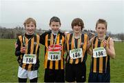2 March 2014; The Kilkenny team that came third during the Boys under-14, 4x500m Relay Championships from left Richie Murphy, Eoin Maher, Aaron Donnelly and Eoin Walsh at the Woodie’s DIY Inter Club & Juvenile Relay Cross Country Championships of Ireland. Dundalk Institute of Technology, Dundalk, Co. Louth Picture credit: Matt Browne / SPORTSFILE