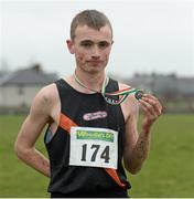 2 March 2014; Aaron Hanlon from Clonliffe Harriers A.C. after he came second in the Junior Men 6000m at the Woodie’s DIY Inter Club & Juvenile Relay Cross Country Championships of Ireland. Dundalk Institute of Technology, Dundalk, Co. Louth Picture credit: Matt Browne / SPORTSFILE