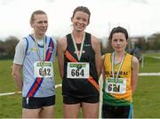 2 March 2014; Winner of the Senior Women 8000m Sarah McCormack, centre, from Clonliffe Harriers AC, with second place Michelle McGee, right, from Brothers Pearse A.C, and third place Maria McCambridge from Dundrum South Dublin AC, at the Woodie’s DIY Inter Club & Juvenile Relay Cross Country Championships of Ireland. Dundalk Institute of Technology, Dundalk, Co. Louth Picture credit: Matt Browne / SPORTSFILE