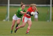 2 March 2014; Emma Farmer, Cork, in action against Denise Hallisey, Kerry. Tesco Homegrown Ladies National Football League, Division 1, Round 4, Kerry v Cork, Pairc an Aghasaigh, Dingle, Co.Kerry. Picture credit: Brendan Moran / SPORTSFILE