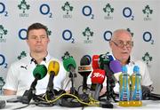 3 March 2014; Ireland's Brian O'Driscoll and team manager Michael Kearney during a press conference ahead of their side's RBS Six Nations Rugby Championship match against Italy on Saturday. Ireland Rugby Press Conference, Carton House, Maynooth, Co. Kildare. Picture credit: Brendan Moran / SPORTSFILE