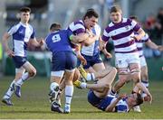 4 March 2014; Stephen McVeigh, Clongowes Wood College SJ, is tackled by Danny Joyce, left, and Gavin Beere, St. Andrew’s College. Beauchamps Leinster Schools Senior Cup, Semi-Final, St. Andrew’s College v Clongowes Wood College SJ, Donnybrook Stadium, Donnybrook, Dublin. Picture credit: Barry Cregg / SPORTSFILE