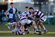 4 March 2014; Ben Ingram, St. Andrew’s College, is tackled by Josh Pim, left, Will Conors, centre, and Stephen McVeigh, Clongowes Wood College SJ. Beauchamps Leinster Schools Senior Cup, Semi-Final, St. Andrew’s College v Clongowes Wood College SJ, Donnybrook Stadium, Donnybrook, Dublin. Picture credit: Barry Cregg / SPORTSFILE