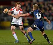 28 February 2014; Paddy Jackson, Ulster, in action against Ashley Smith, Newport Gwent Dragons. Celtic League 2013/14, Round 16, Ulster v Newport Gwent Dragons. Ravenhill Park, Belfast, Co. Antrim. Picture credit: Oliver McVeigh / SPORTSFILE