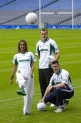 17 August 2005; Dublin midfielder Ciaran Whelan and Laois goalkeeper Fergal Byron, right, with model Roberta Rowat at the launch of the 2005 MBNA Kick Fada which will take place at Bray Emmets GAA Club, Bray, Co. Wicklow on Saturday, September 17th. Croke Park, Dublin. Picture credit; Brendan Moran / SPORTSFILE