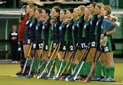 17 August 2005; The Ireland team stand for the national anthem before the game. 7th Women's European Nations Hockey Championship, Pool A, Ireland v Netherlands, Belfield, UCD, Dublin. Picture credit; Brendan Moran / SPORTSFILE