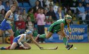 19 August 2005; Jenny McDonough, Ireland, in action against Catriona Forrest, Scotland. 7th Women's European Nations Hockey Championship, Play-Off Game, Ireland v Scotland, Belfield, UCD, Dublin. Picture credit; Brendan Moran / SPORTSFILE