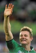 2 October 2011; Ireland captain Brian O'Driscoll waves to his family in the stand after the game. 2011 Rugby World Cup, Pool C, Ireland v Italy, Otago Stadium, Dunedin, New Zealand. Picture credit: Brendan Moran / SPORTSFILE