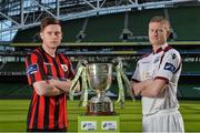 6 March 2014; Sean Russell, Longford Town, left, and Paul Synott, Galway FC, go head to head this weekend as their teams face off in the first weekends action of the 2014 SSE Airtricity League. 2014 SSE Airtricity League Launch, Aviva Stadium, Lansdowne Road, Dublin. Picture credit: Ramsey Cardy / SPORTSFILE