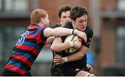5 March 2014; Jerry McCabe, Ardscoil Ris, is tackled by Shane Doona, St Munchin's. SEAT Munster Schools Senior Cup Semi-Final, Ardscoil Ris v St Munchin's, St Mary's RFC, Limerick. Picture credit: Diarmuid Greene / SPORTSFILE