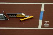 13 August 2005; The starting blocks and baton before the 4x400 relay. 2005 IAAF World Athletic Championships, Helsinki, Finland. Picture credit; Pat Murphy / SPORTSFILE